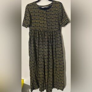 Haute Curry Navy Blue and Gold Midi Taxicab Pattern Dress